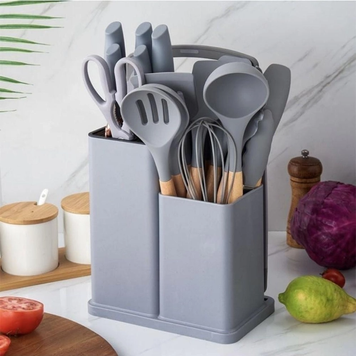 Набір кухонних речей 19 предметів Kitchen Set силіконові, з підставкою сірий (BLK-19) а0036 фото