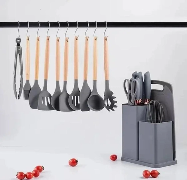 Набір кухонних речей 19 предметів Kitchen Set силіконові, з підставкою сірий (BLK-19) а0036 фото